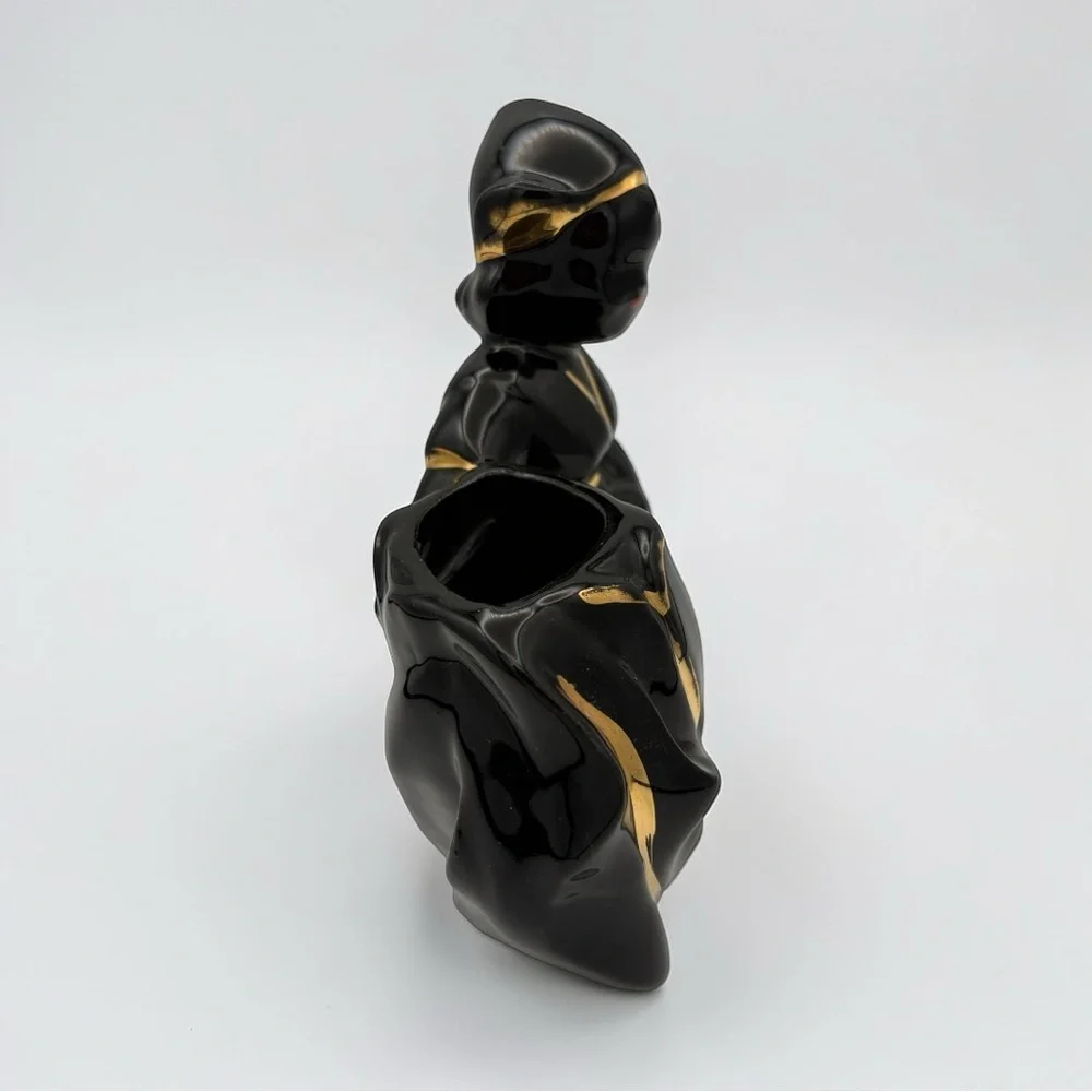 Vintage Blackamoor Ceramic Dutch Girl Figurine Black With Gold Trim Planter MCM